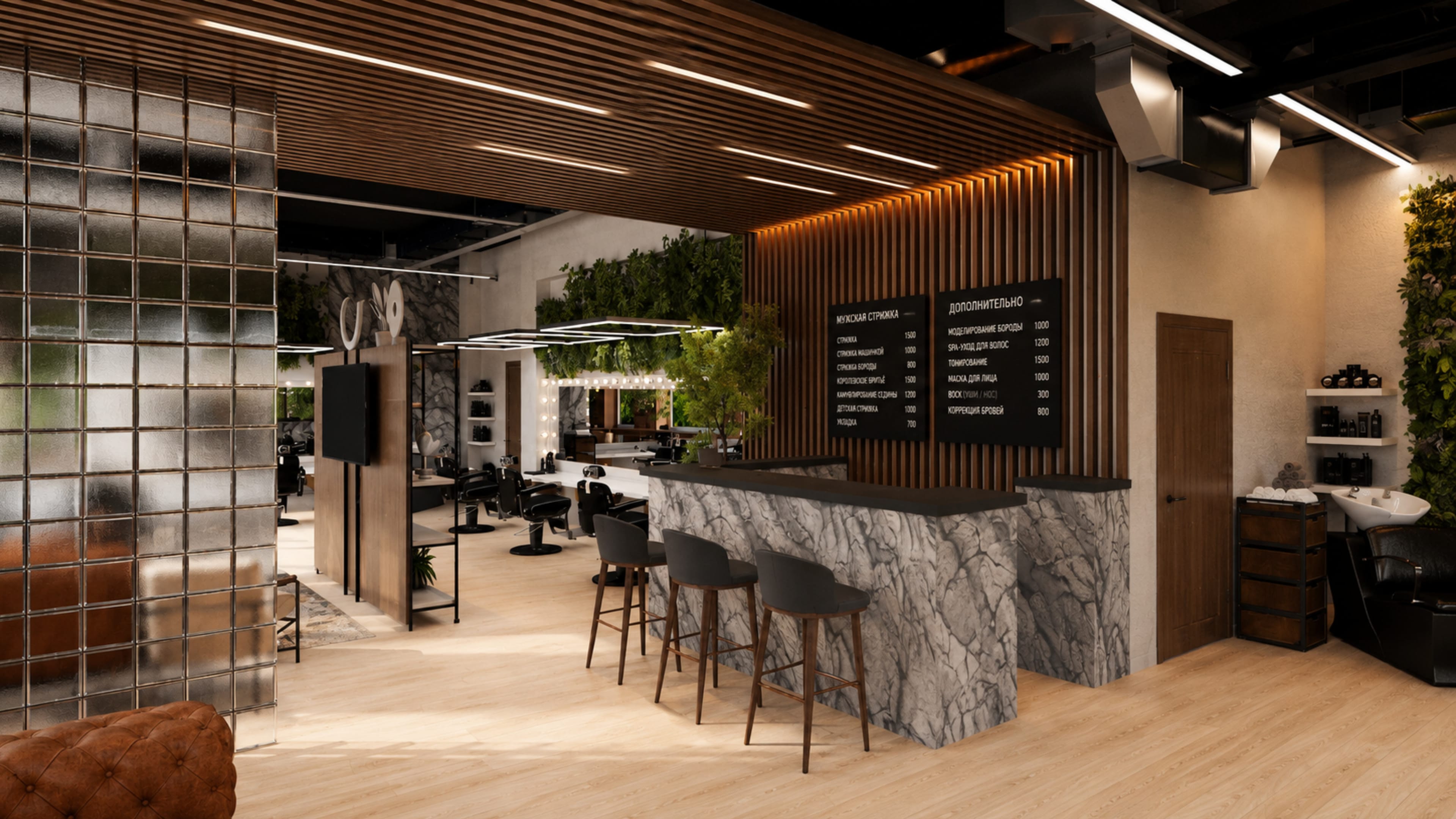 Мраморная стойка ресепшен в интерьере ART BARBERSHOP